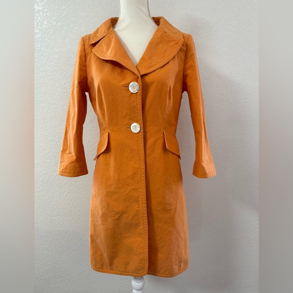 CHARLES NOLAN Orange collared Button Long Jacket Women’s size 8 pockets.